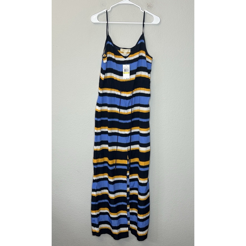 NWT Michael Kors Spaghetti Strap Striped Multicolor Maxi Dress Size M $130